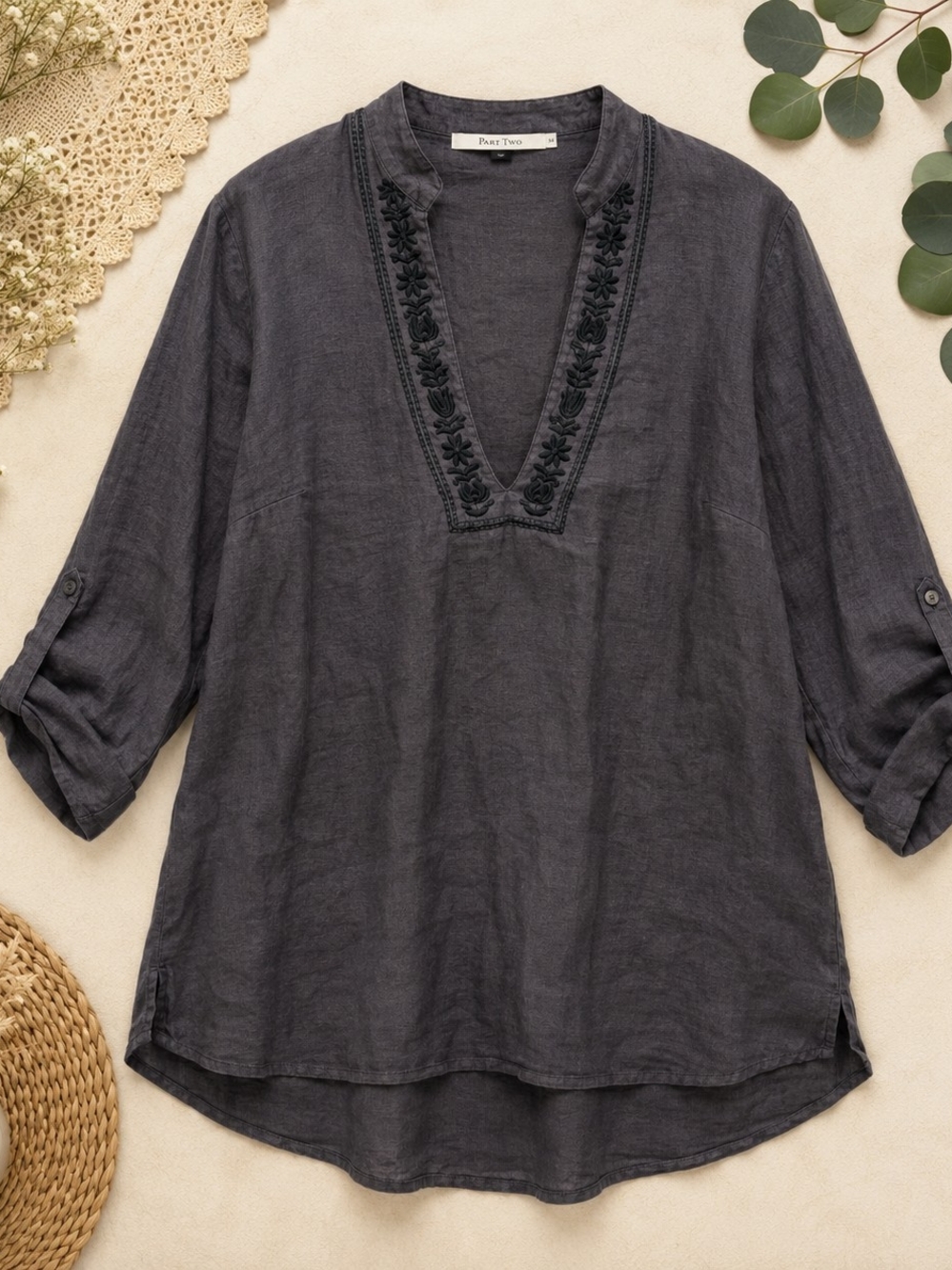 Part Two 100% Linen Embroidered V Neck Tunic Blouse Charcoal Size EU44